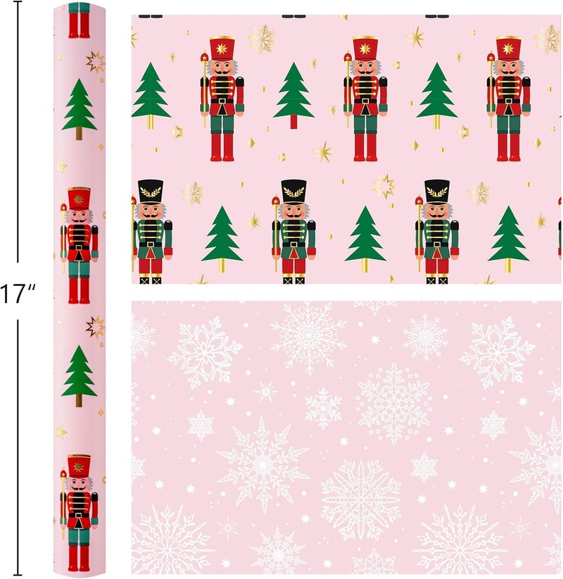Retrify Nutcracker Christmas Wrapping Paper Roll, 17 Inches x 32.8 Feet Pink Gift Wrap for New Year Holiday, Christmas Tree/Snowflake/Star Design - Image 5